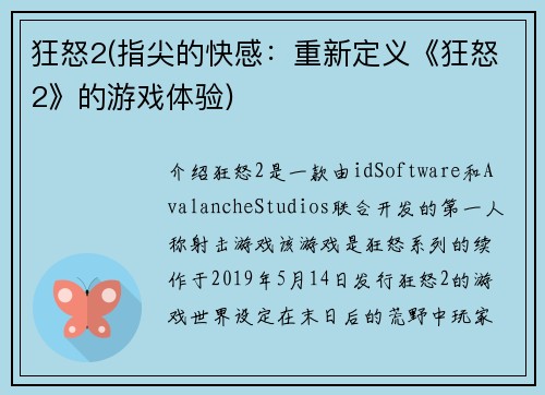 狂怒2(指尖的快感：重新定义《狂怒2》的游戏体验)
