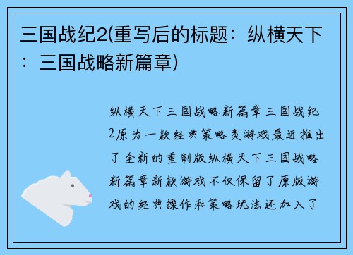 三国战纪2(重写后的标题：纵横天下：三国战略新篇章)